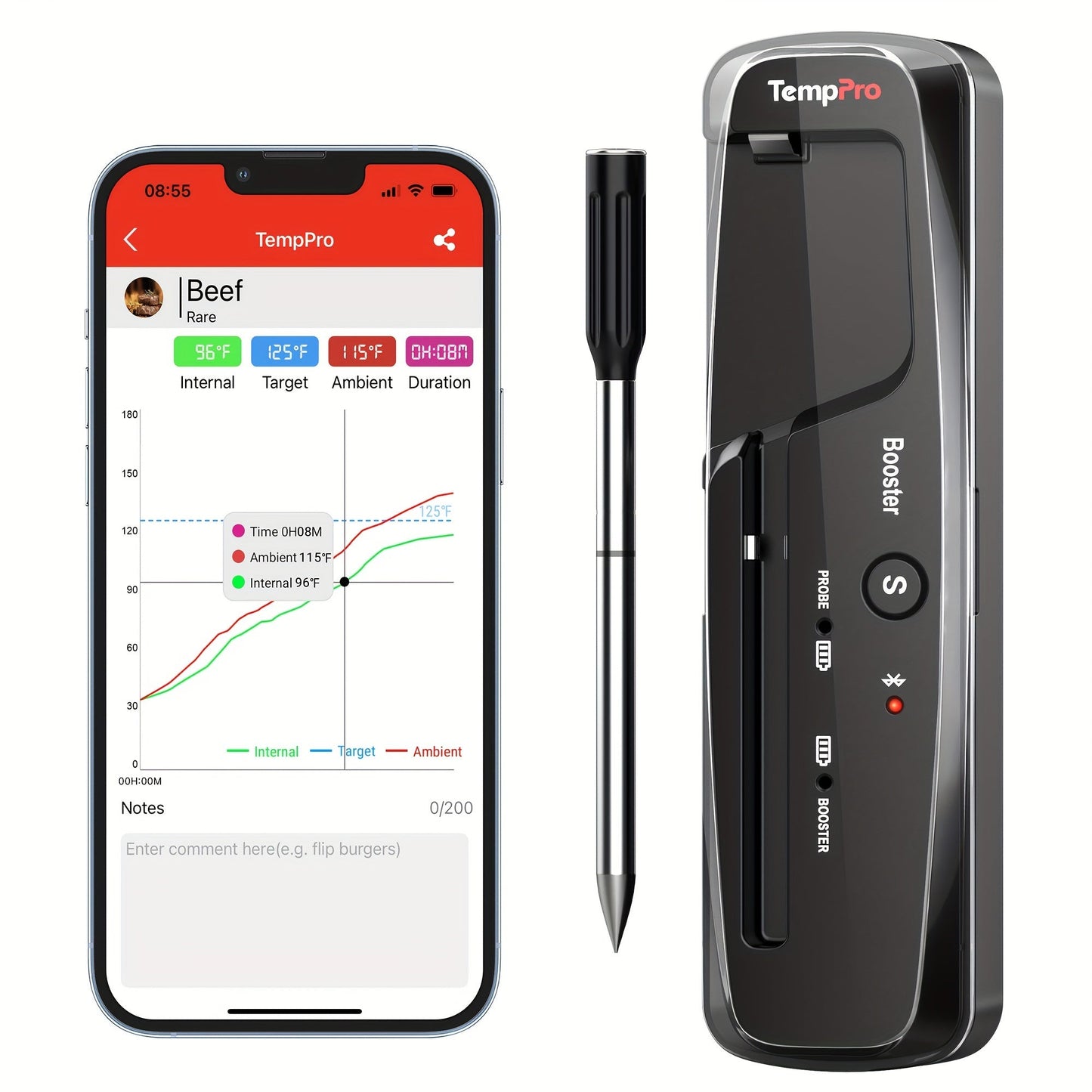 Wireless Meat Thermometer 500Ft Bluetooth, Dual Sensor Digital Food Thermometer for Oven, Grill, BBQ