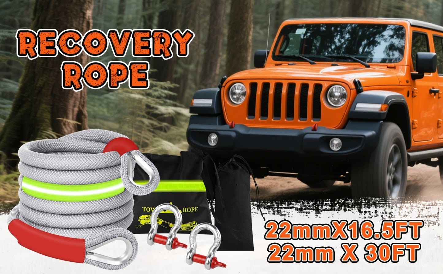 Recovery Tow Strap Kit 45000 LBS Break Strength – 7/8" x 30ft Polyester Rope, 2 D-Ring Shackles, Reflective Flag & Storage Bag