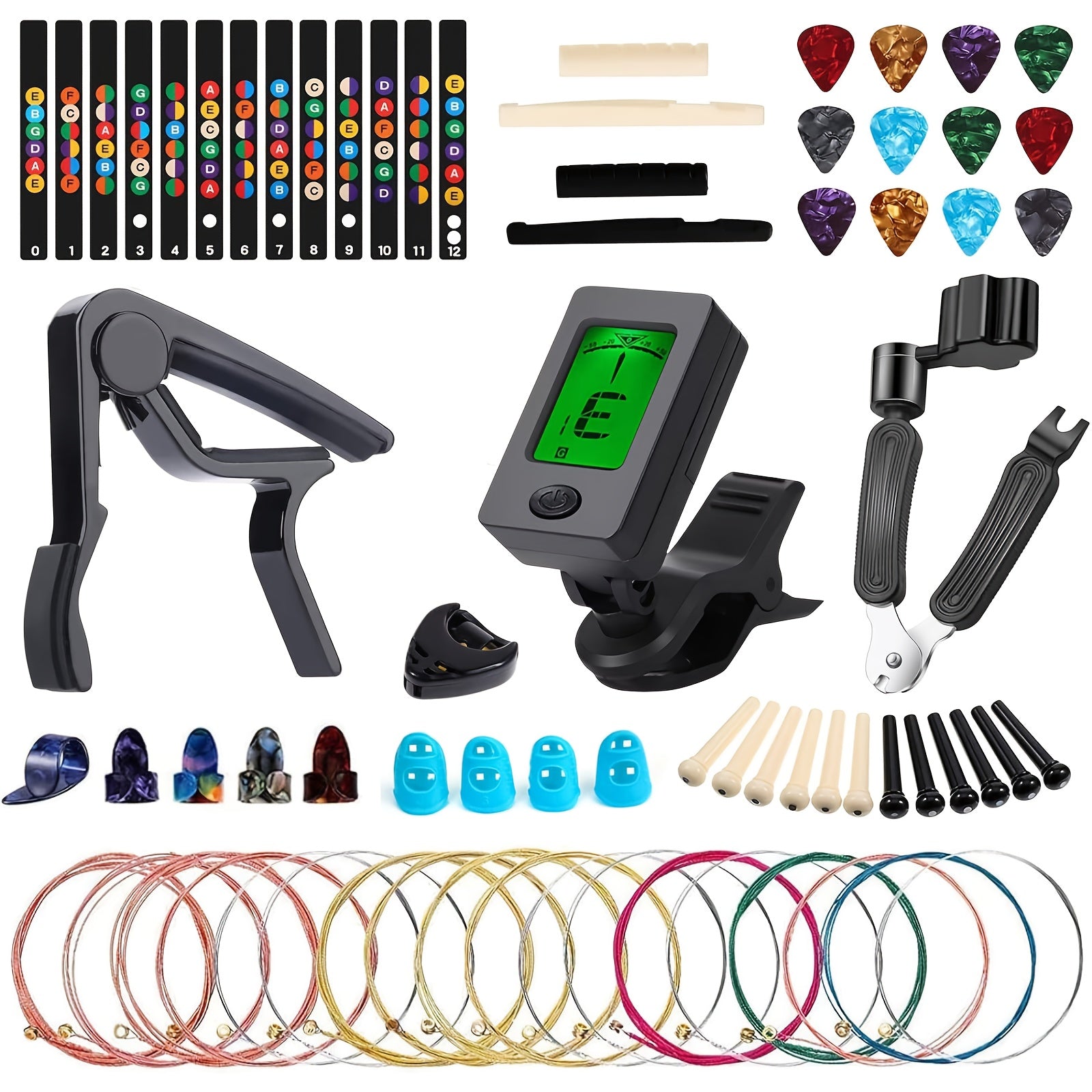 60pcs Acoustic Guitar Accessories Kit Including Guitar Strings, Tuner, Capo, 3-in-1 Restring Tool, Pick Holder, Bridge Pins, Nuts & Saddles, Finger Protector, Finger Picks, Fretboard Stickers variant image
