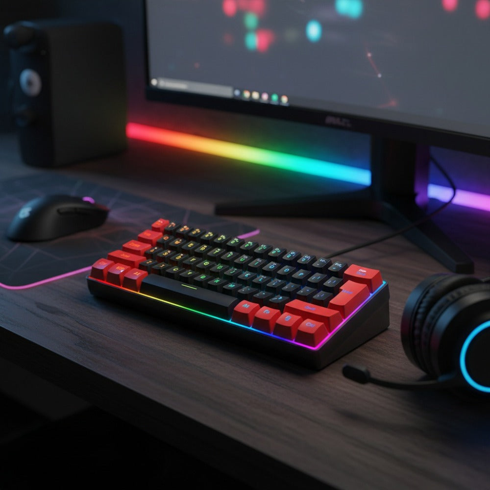 Red-and-Black 61-Key Compact Wired Keyboard with Detachable Cable and Multicolor-Lit Keycaps