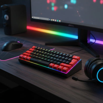 Red-and-Black 61-Key Compact Wired Keyboard with Detachable Cable and Multicolor-Lit Keycaps