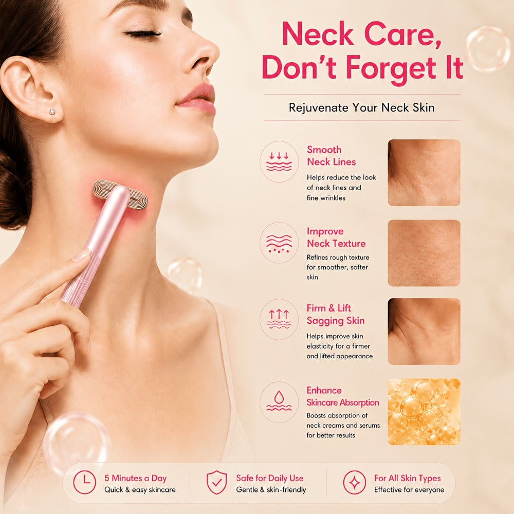 Pink Rechargeable Facial Massage Wand with Red LED Bar, Textured Grip and Charging Base for Face and Neck Use