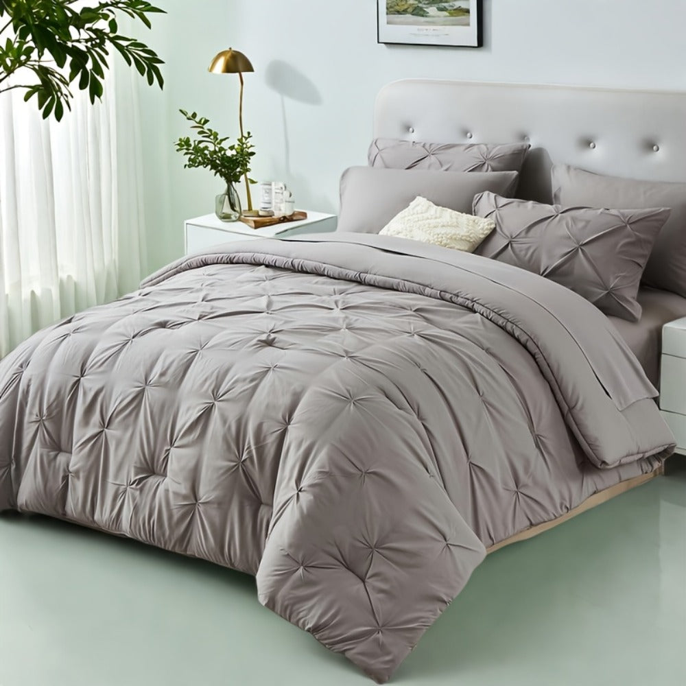 Comforter Set Luxurious Pleated 5/7pcs Bed in a Bag, Plush Fiber Fill, Year-Round Warmth - Quilted Comforter