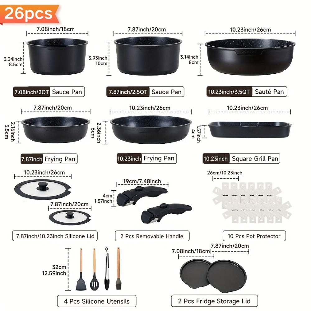 Cookware Set A Dinnerware 16- or 26-Piece Detachable-Handle Pots and Pans in Black or Beige for Compact Storage