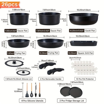 Cookware Set A Dinnerware 16- or 26-Piece Detachable-Handle Pots and Pans in Black or Beige for Compact Storage