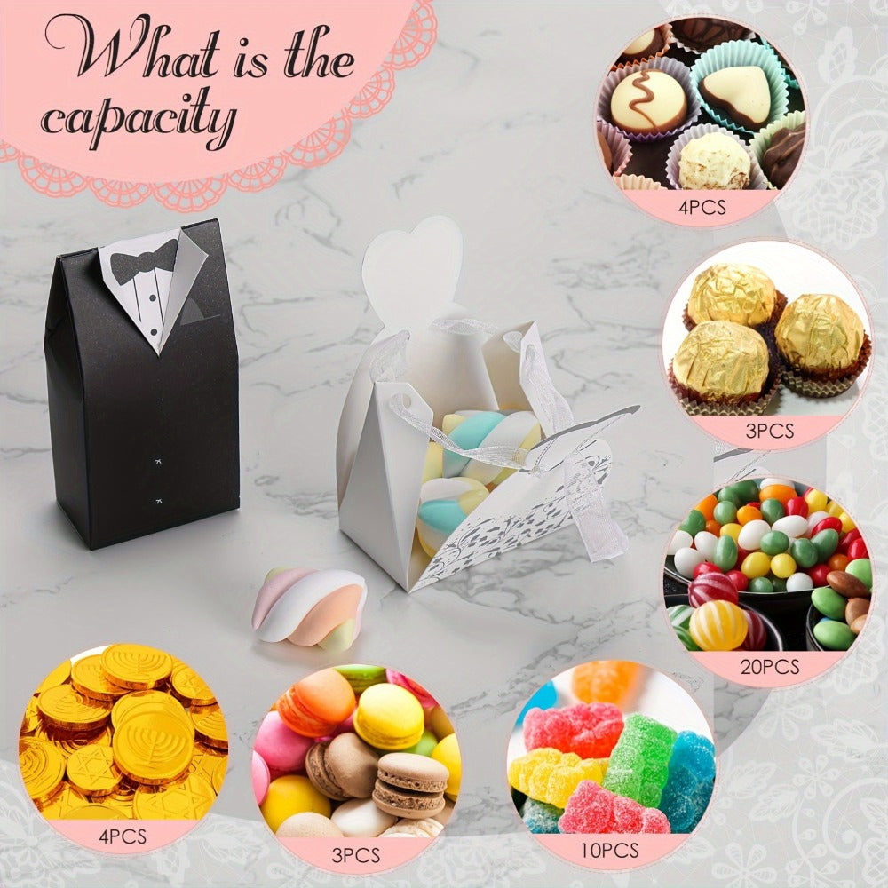 100 Pcs Wedding Party Favor Boxes Dress & Tuxedo Candy Gift Boxes with Ribbon, Vintage Bridal Shower Birthday Bags Bulk Decoration