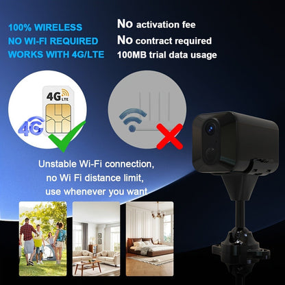 4G LTE Security Camera 4K Wireless No WiFi Needed, Infrared Night Vision, Rechargeable Battery, PIR Human Detection