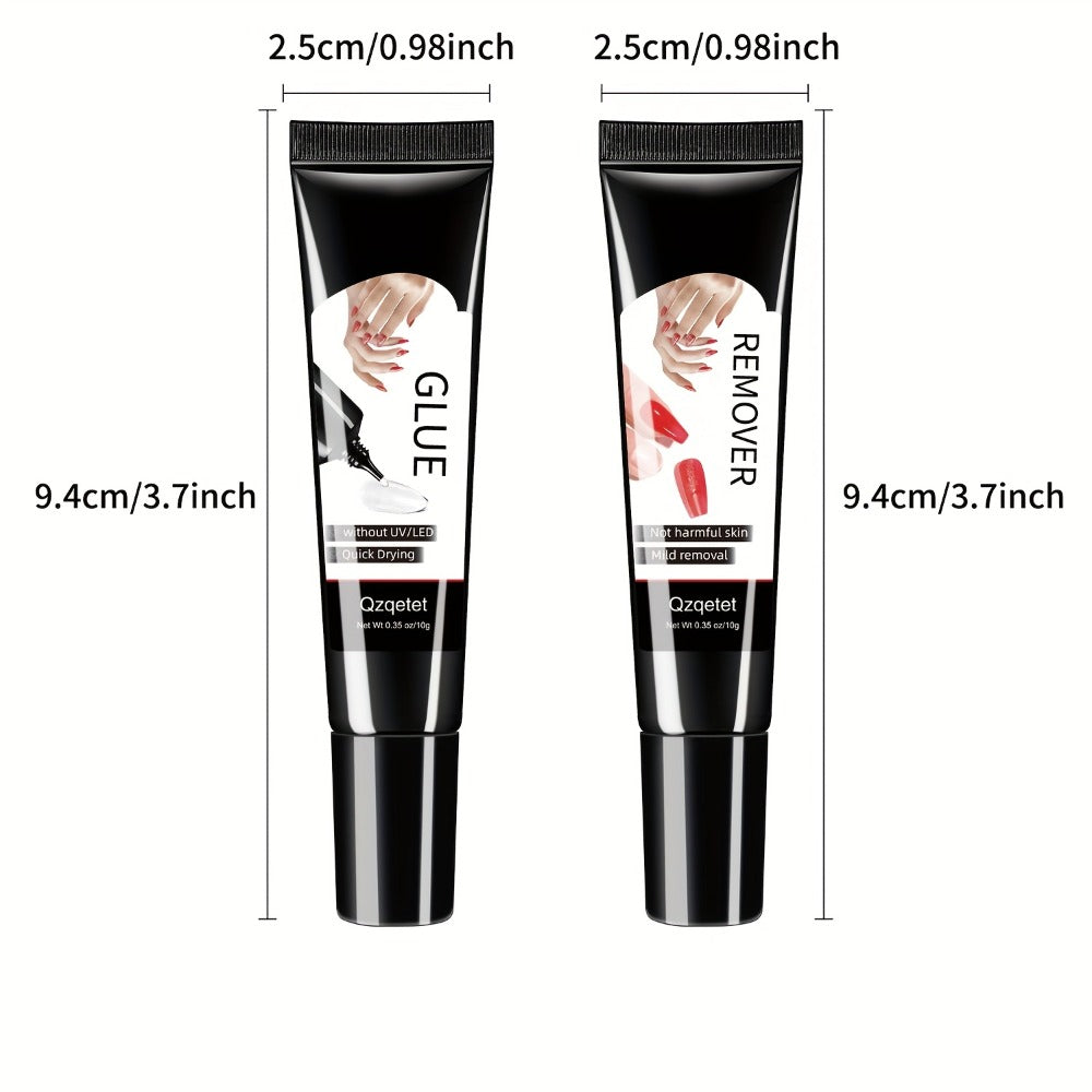 Press-On Nail Glue & Remover Kit 4pcs – 2x Semi-Solid Gel Nail Glue 10g + 2x Nail Polish Remover 10ml, Quick-Drying No-Lamp Strong Bond