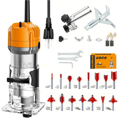 Wood Router 800W 35000 RPM Compact Electric Router Tool, 15-Piece 1/4" Bit Set for DIY Woodworking