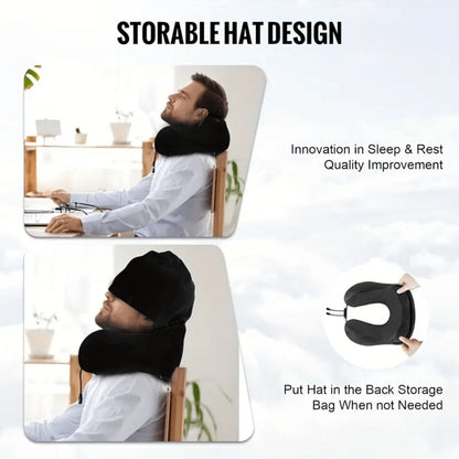 Hooded U-Shaped Travel Neck Pillow with Eye Mask, Carry Bag and Front Drawstrings in Pink, Blue, Black or Grey