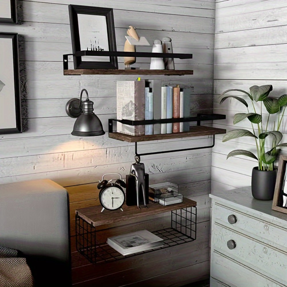 Rustic Wall-Mounted Shelf Sets in Two- or Four-Piece Configurations with Wood Platforms and Black Metal Storage Racks