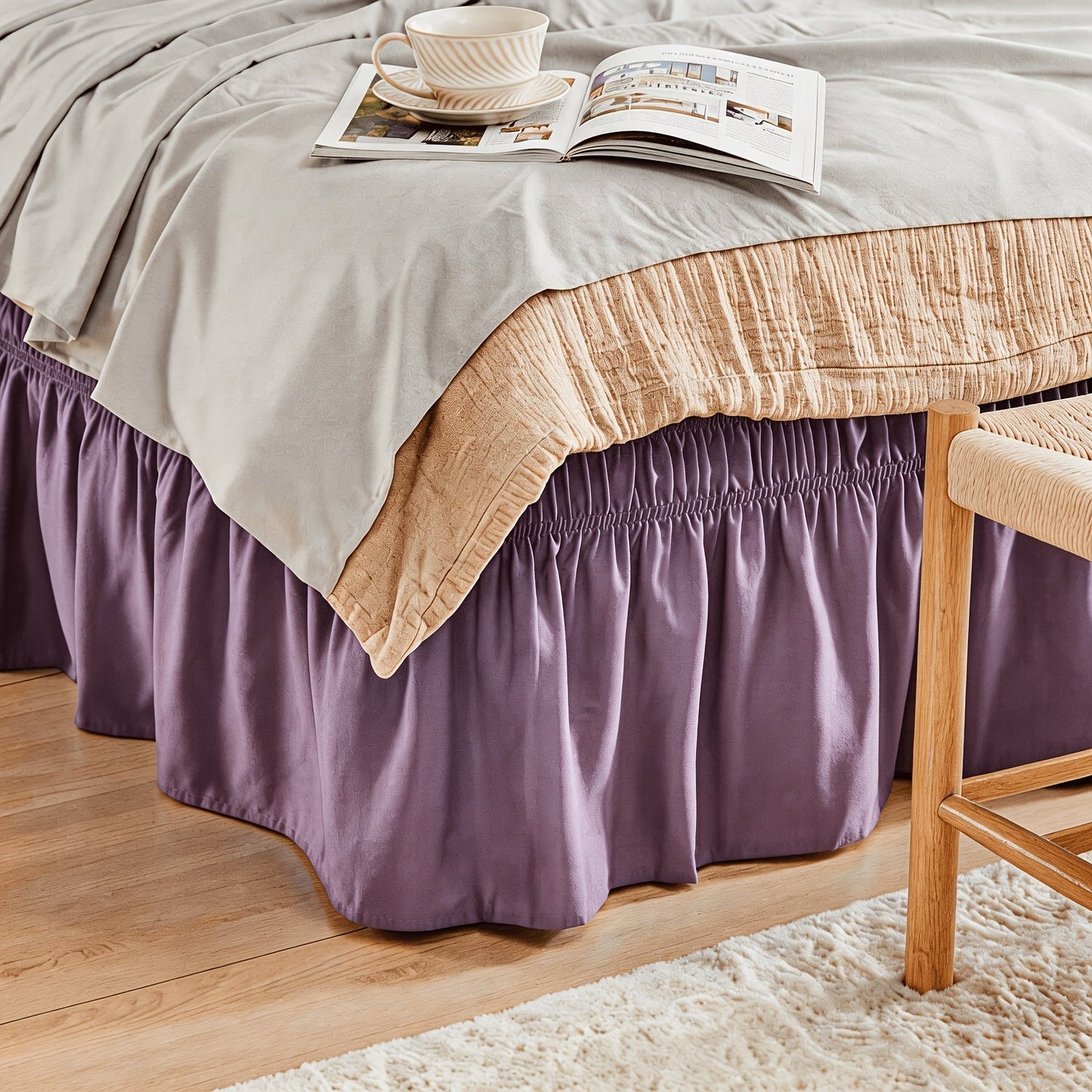 Bed Skirt Elastic Wrap Around Ruffle – 15 Inch Drop Microfiber Dust Ruffle, Adjustable No-Lift Fit, Fade Resistant Machine Washable
