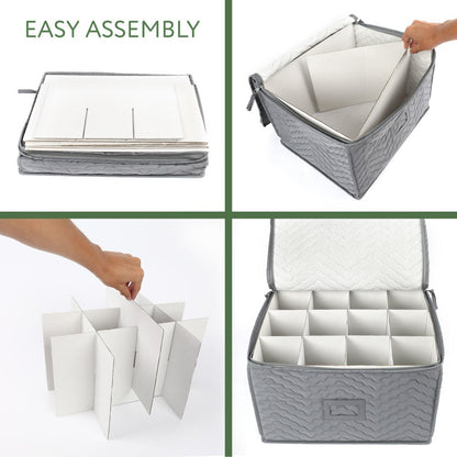 Wine Glass Storage Case 12-Compartment Quilted Stemware Box with Dividers 15.5x12.5x10 Inch Gray