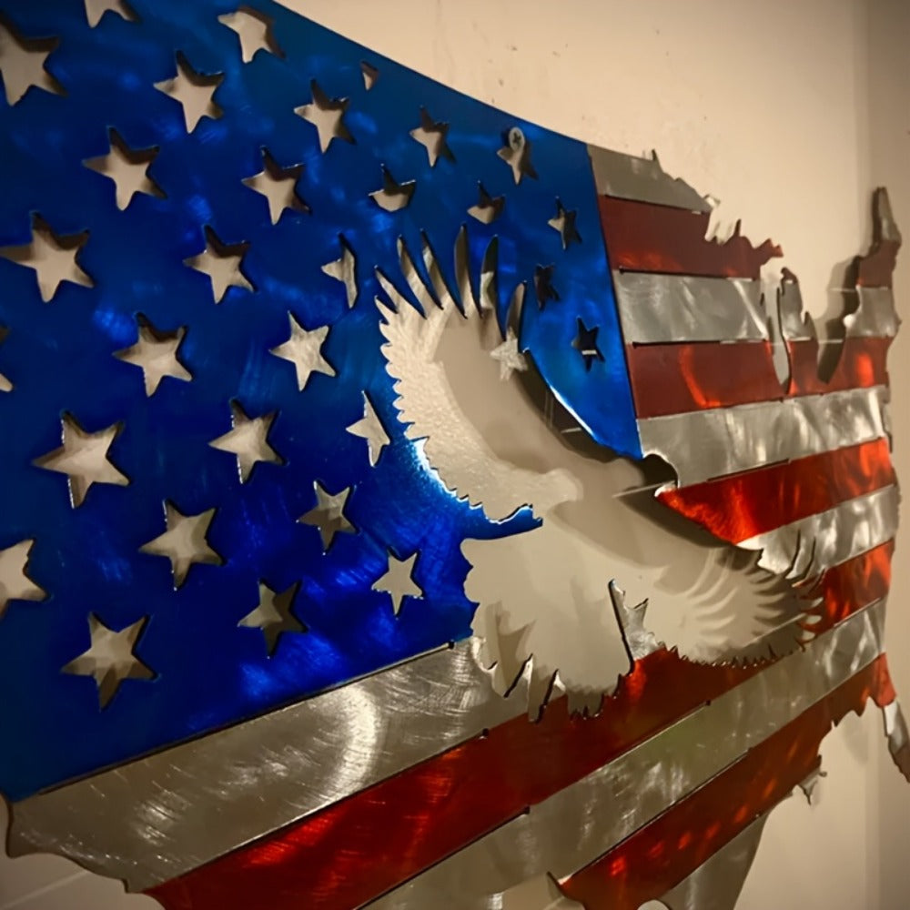 American Flag and Bald Eagle Metal Wall Art in 15.7 x 9.8-Inch Flat Silhouette Design for Home or Office Display