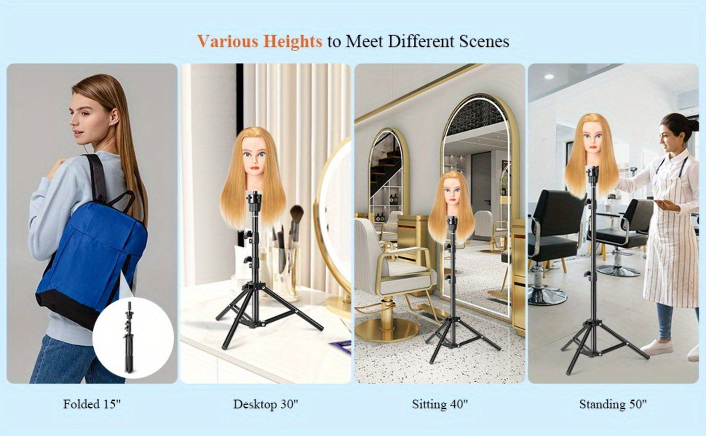 Adjustable Wig Stand Tripod 360 Rotation Aluminum Alloy Height Adjustable to 50 Inch Foldable Portable Mannequin Head Stand for Styling