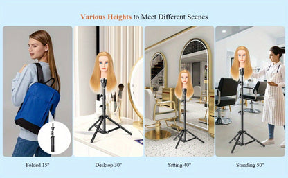Adjustable Wig Stand Tripod 360 Rotation Aluminum Alloy Height Adjustable to 50 Inch Foldable Portable Mannequin Head Stand for Styling
