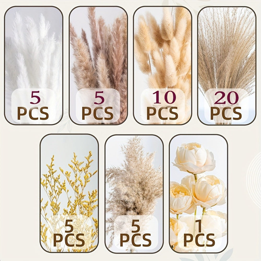 Dried Flower Bouquet Pampas Grass with Artificial White Beige Roses 51 91pcs Boho Dried for Entryways, Bedrooms and Living Spaces