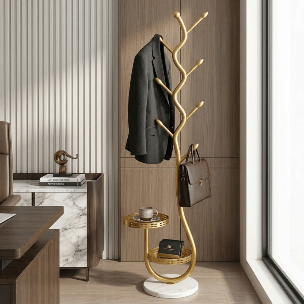 Clothing Rack with Shelf Freestanding Metal Garment Rack - Standalone Vertical Clothes Organizer with Coat Hat Hooks