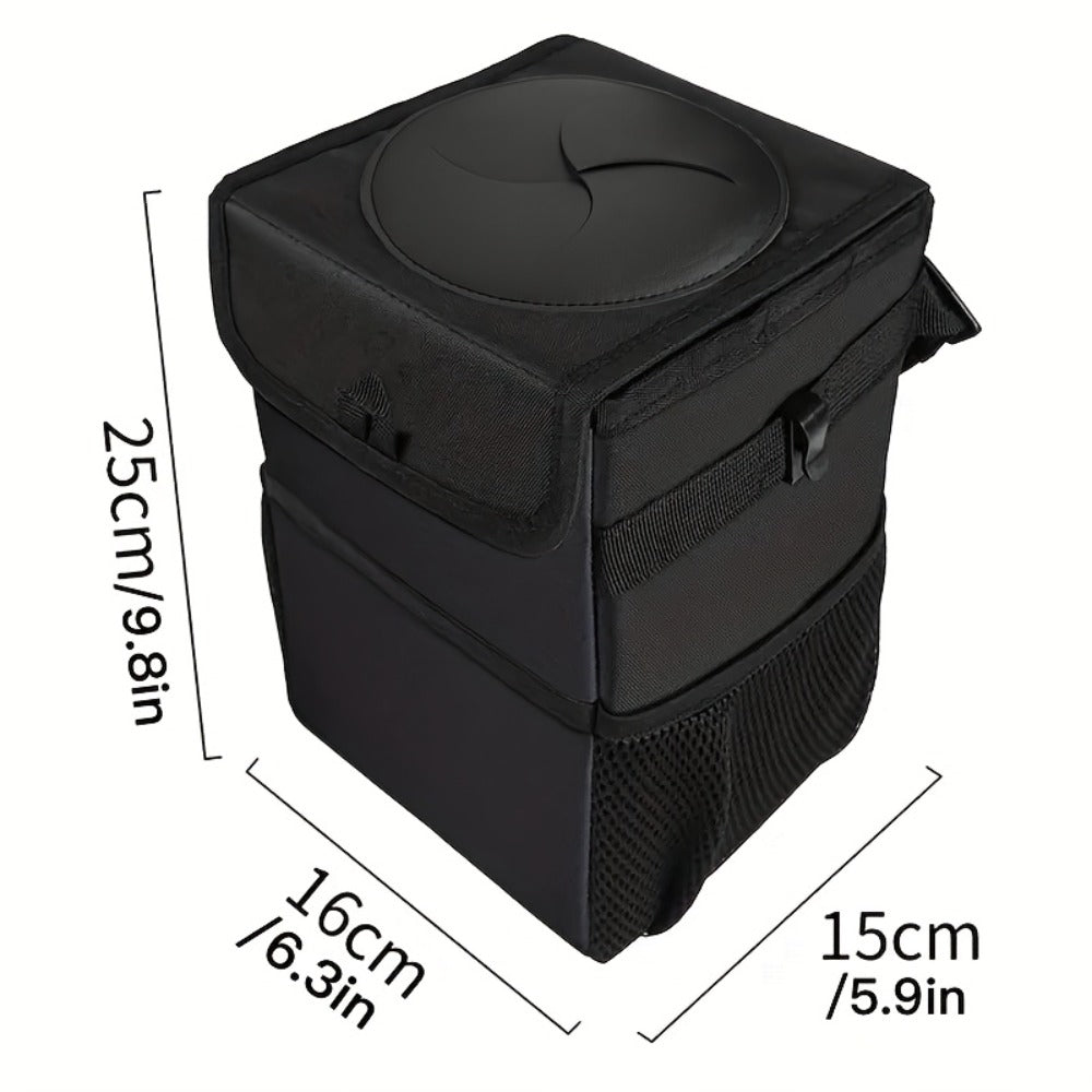Collapsible Hanging Car Trash Bag with Lid, Side Storage Pockets, Black Finish and 25 × 16 × 15 cm Size