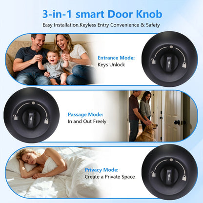 Smart Door Lock Tuya Smart Life Round Knob with Fingerprint App and Mechanical Key Access in Black