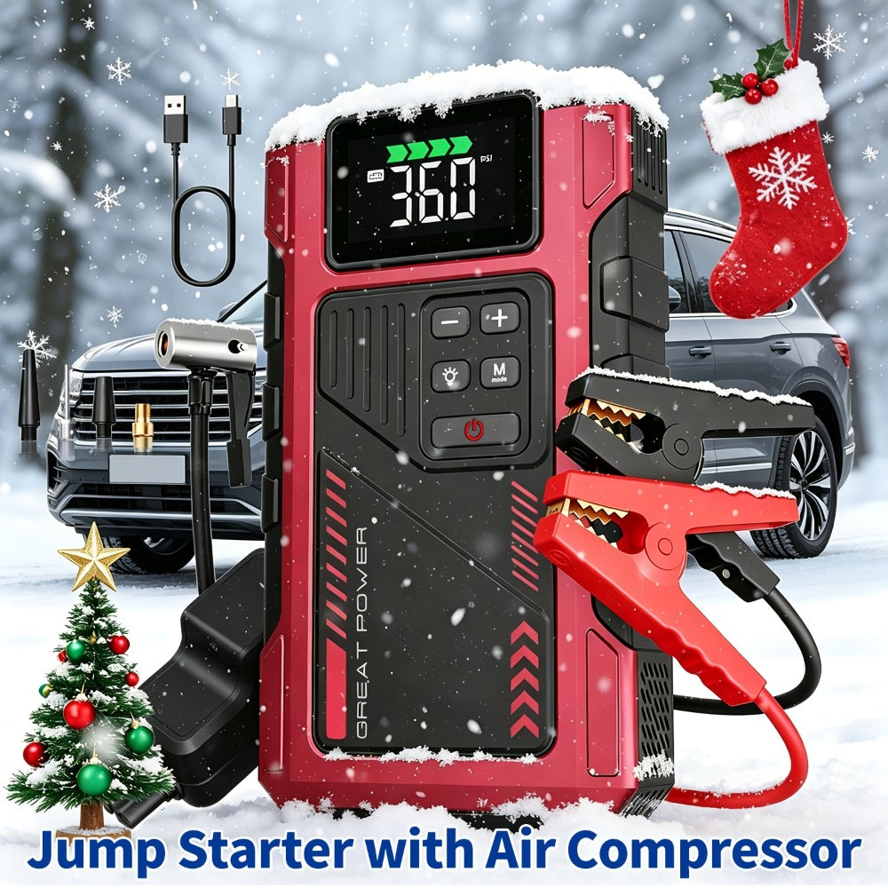 Portable Jump Starter 9-in-1 with Air Compressor – 12V Car Battery Booster for 8.0L Gas & 6.5L Diesel, USB-C, LED Emergency Light