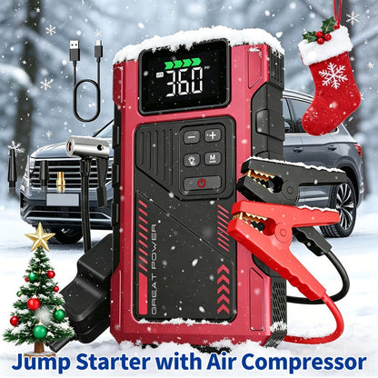 Portable Jump Starter 9-in-1 with Air Compressor – 12V Car Battery Booster for 8.0L Gas & 6.5L Diesel, USB-C, LED Emergency Light