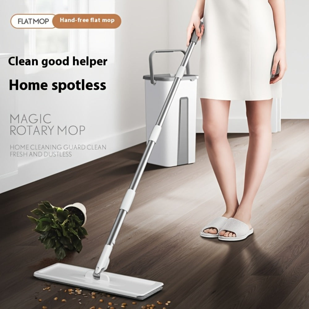 Flat Mop and Bucket Set with Wringer Metal Handle 2 Reusable Microfiber Pads Floor Mopping for Home Cooking, Dining and Outdoor Meals