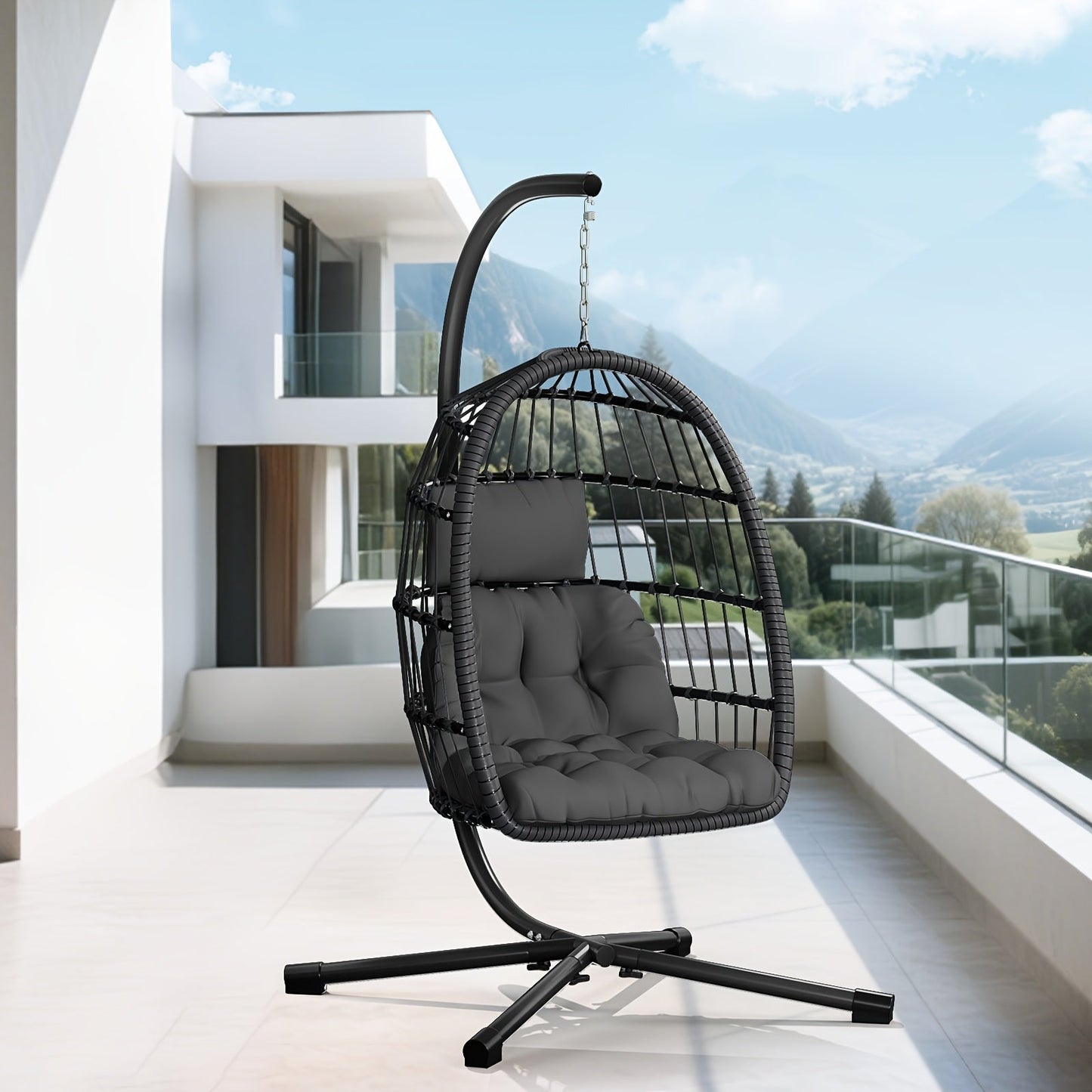 Outdoor Egg Chair with Stand Rattan Wicker Hanging Swing Hammock Chair Thickened Aluminum Frame UV-Resistant Cushion 350LBS Capacity Patio