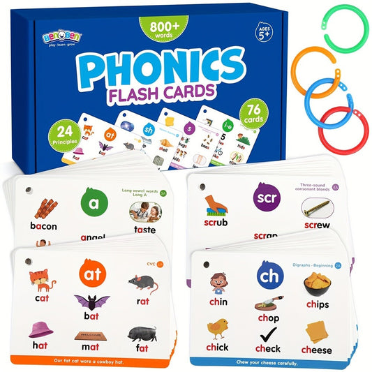 Phonics Flash Cards for Kids 76 Cards 24 Principles, CVC Digraphs Consonant Blends Long Vowels