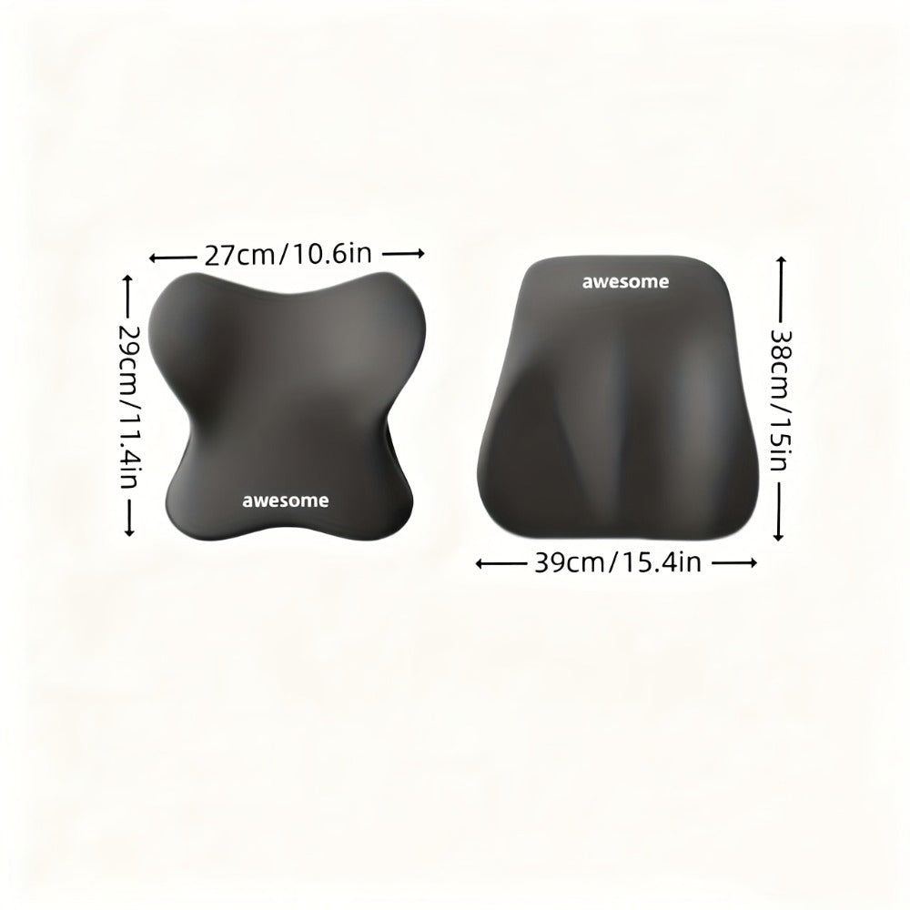 Car Neck Pillow and Lumbar Cushion Set in Black with Memory Foam Fill, Straps and 27 x 29cm and 39 x 38cm Sizes