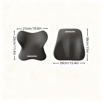 Car Neck Pillow and Lumbar Cushion Set in Black with Memory Foam Fill, Straps and 27 x 29cm and 39 x 38cm Sizes