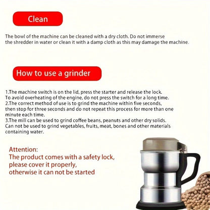 Electric Grain Grinder Mill, High-Speed Spice Coffee Herb Grinding Machine with Powerful Motor, Compact Design for Home Kitchen Use