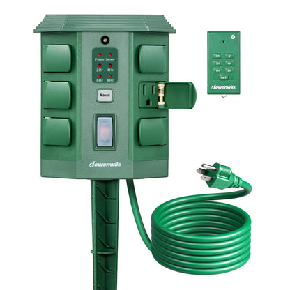 Outdoor Power Stake Timer 6 Outlet, 100FT Wireless Remote Control, Dusk to Dawn Photocell Sensor