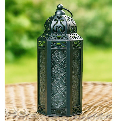 Moroccan Candle Lantern Holder - Decorative Metal & Glass Lantern with Embossed Floral Design for Indoor Home Decor