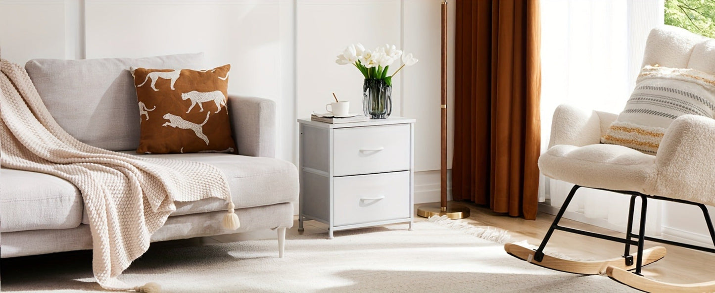Nightstand with 2 Storage Drawers, 20" Bedside Table with Wooden Top & Fabric Cabinet, Steel Frame Mini Dresser for Bedroom