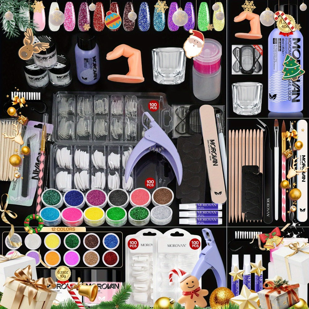 Complete Acrylic Nail Art Kit with Glitter – Pink Clear White Acrylic Powder 12 Color Glitter Powder Nail Liquid Clippers Full Tool Set