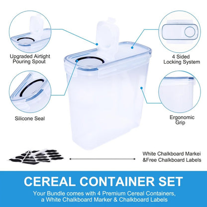 Food Storage Container Four-Pack with 4L Clear Pantry Canisters, Pour-Spout Lids, Labels and Marker