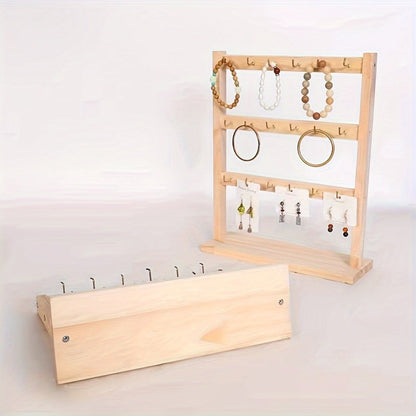 Jewelry Display Stand Multi-Layer Wooden Earring Holder Rack with Hooks Desktop Organizer for Entryways, Bedrooms and Living Spaces