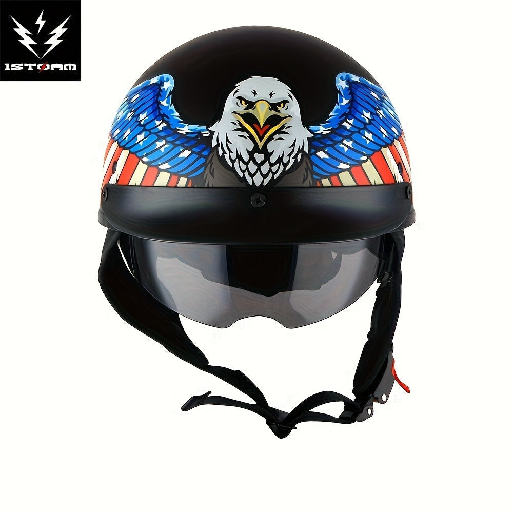 Motorcycle Helmet 1STORM Half-Shell with Retractable Smoked Visor, Five Graphic Styles, S-XL Sizes and Quick-Release Strap