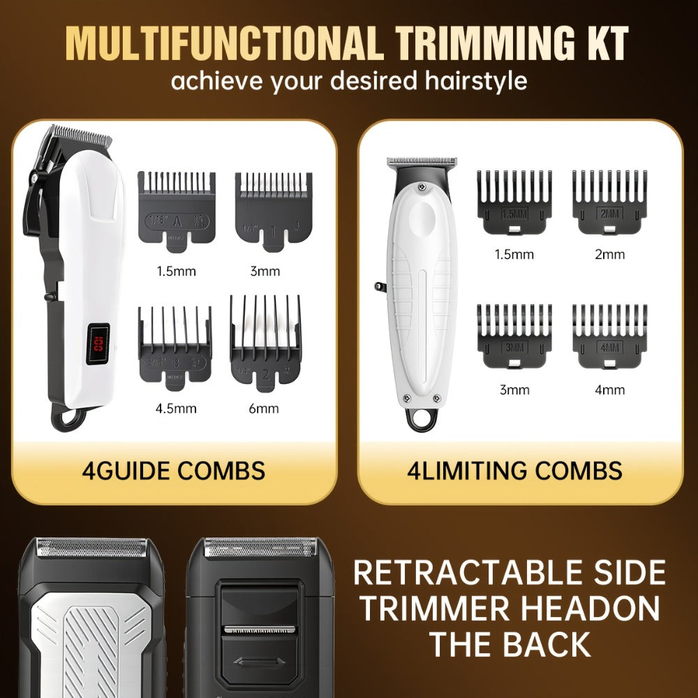 Hair Clippers & Trimmers White One-, Two- or Three-Piece Set with LCD Displays, USB-C Charging and Guide Combs
