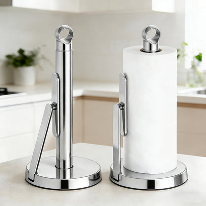 Paper Towel Holder Countertop – Stainless Steel Standing Dispenser with Tension Arm for One-Handed Tear
