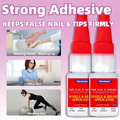 Nail Glue Salon Grade Super Glue 2-Pack, Clear Adhesive for Artificial Nails, Multi-Surface, with Dropper & Brush