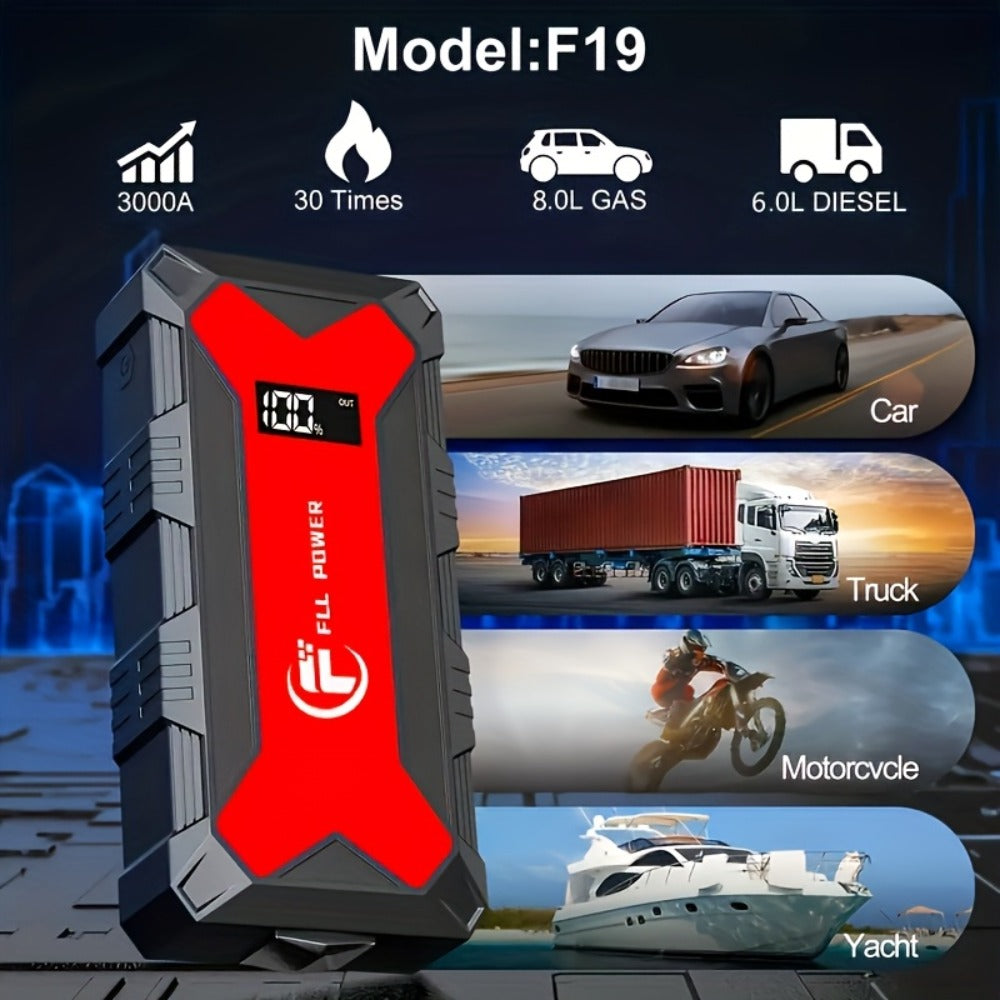 12V Jump Starter with F07, F13, F19 or F03 Black Model Options, Digital Display, LED Light and USB Connections
