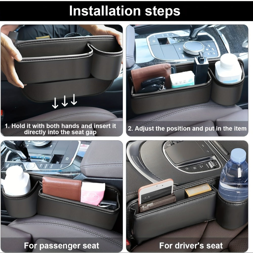 Car Seat Gap Organizer with Cup Holder – Adjustable PU Leather Side Seat Storage Box for Phone, Keys, Glasses & Cards | Multi-Functional Car