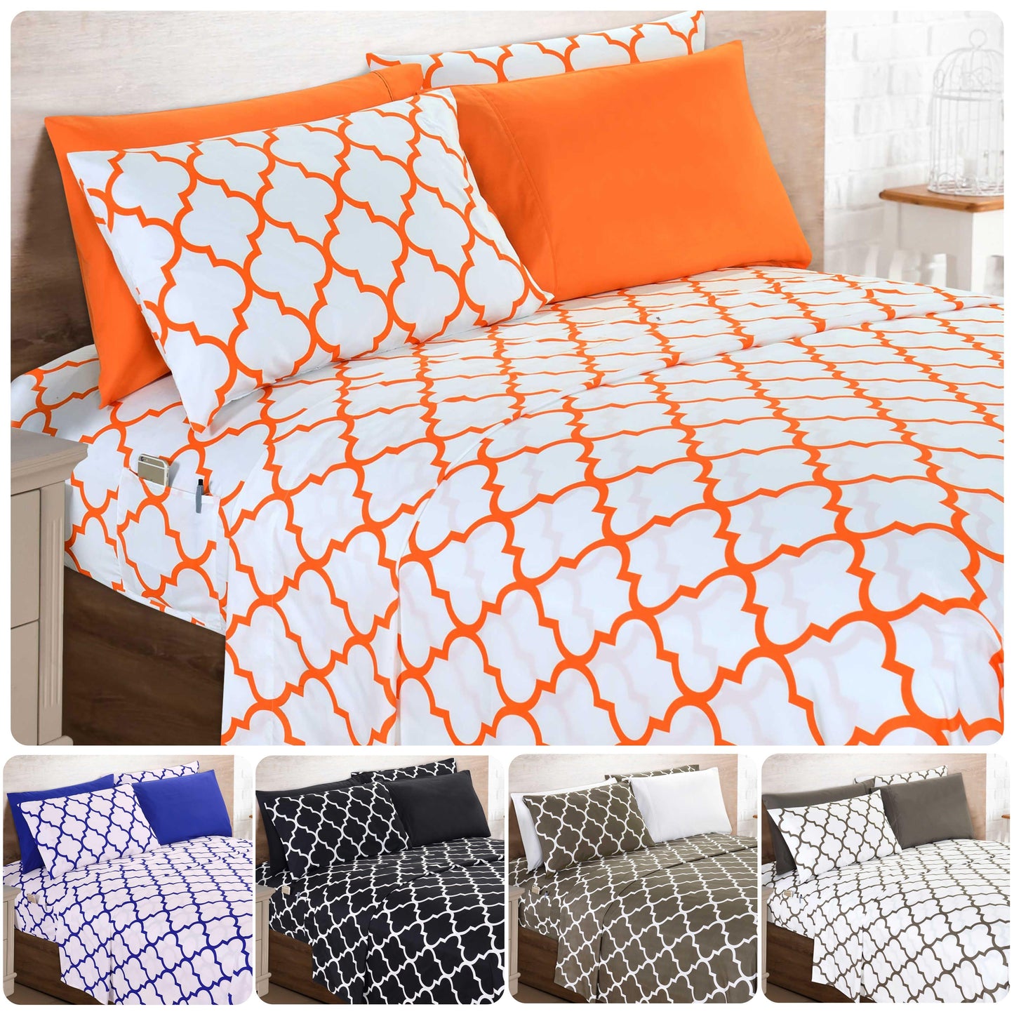 Bed Sheet Set Geometric Trellis Microfiber in Size-Dependent 4- or 6-Piece Configuration with 16-Inch Pocket