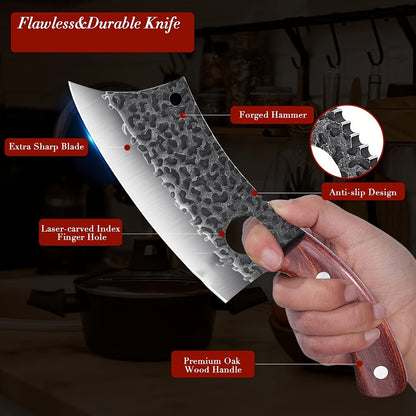 Chef Knife Hand Forged, High-Carbon Steel Viking Cleaver Full Tang Oak Handle with Sheath for Home Cooking, Dining and Outdoor Meals