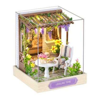 DIY Wooden Tiny House Kit with Dust Cover, Handmade Miniature Dollhouse Puzzle, 3 Themes Afternoon Tea Rotating Food House Moon Magic