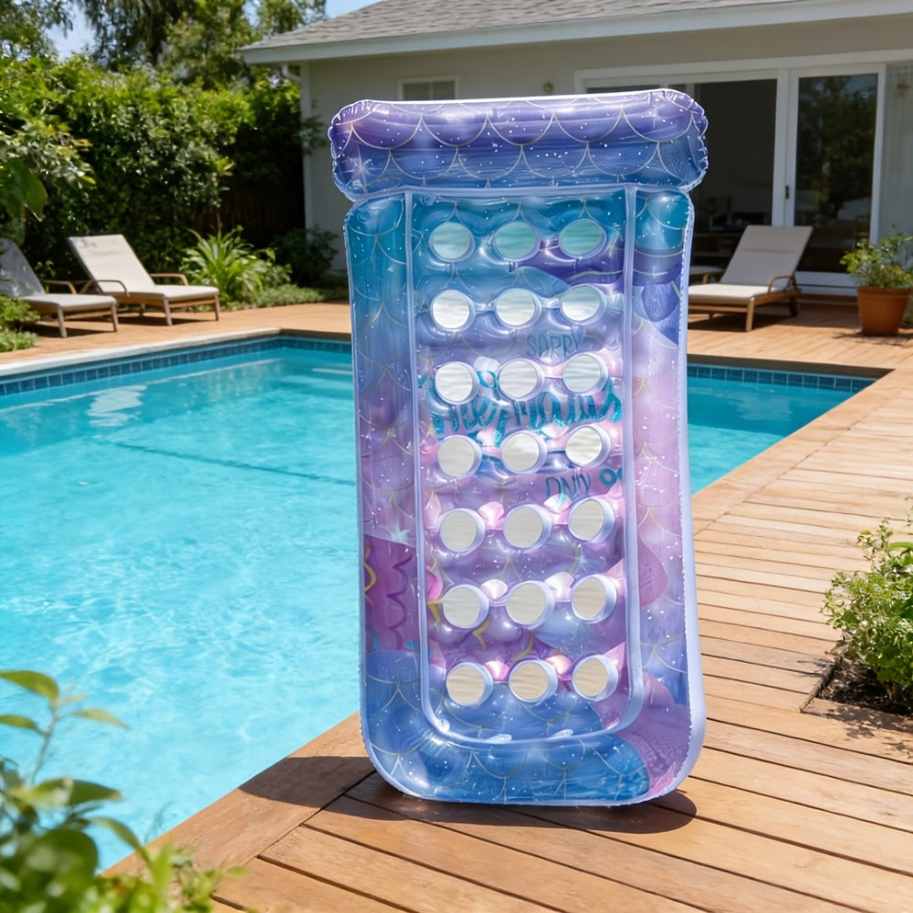 Rectangular Inflatable Pool Bed with Raised Pillow, Round Vent Holes and Rainbow or Mermaid Designs