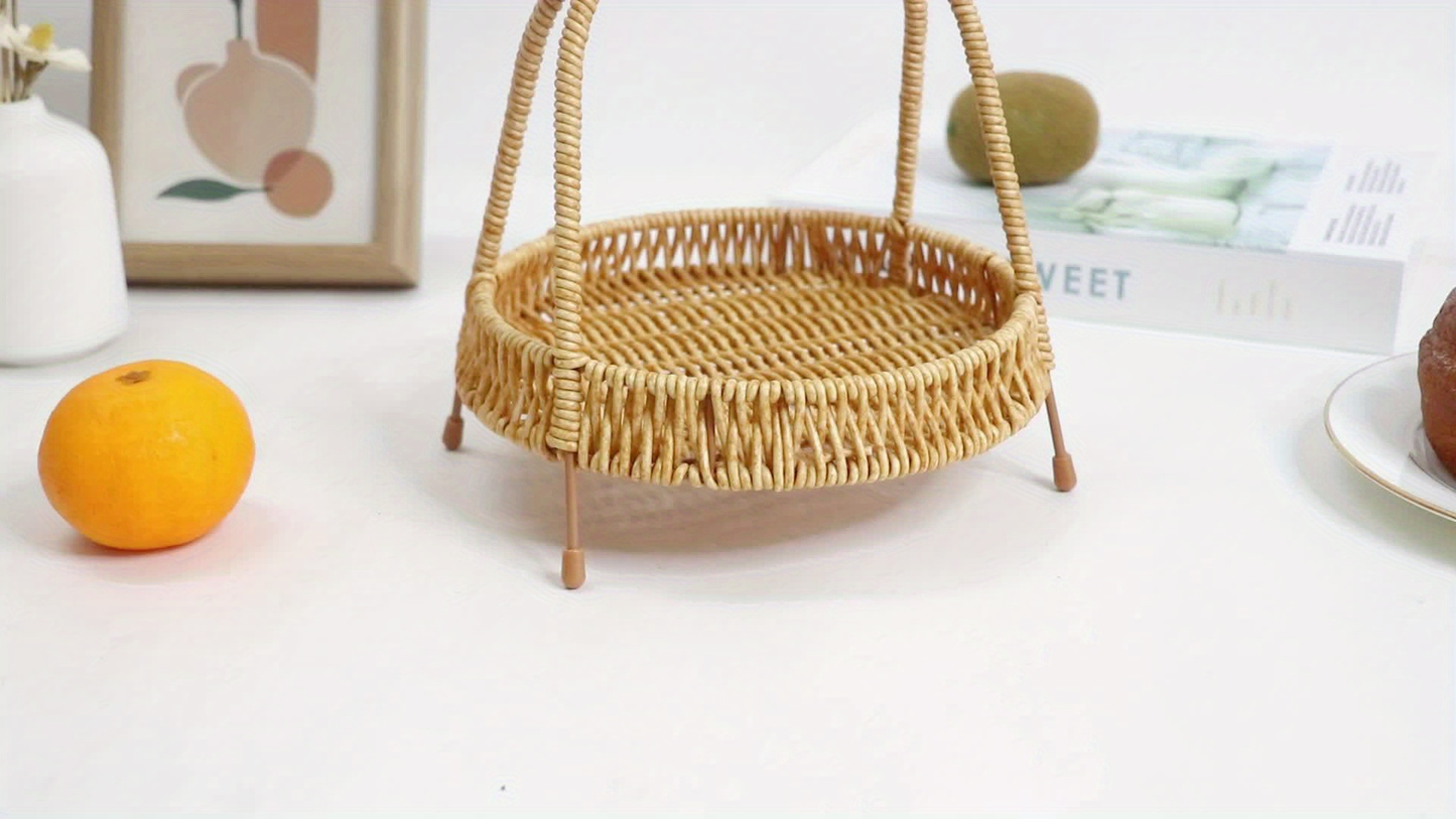 Wire Frame Storage Basket with Imitation Rattan Weave and Iron Structure, 8.66 x 7.87 x 7.87 Inch