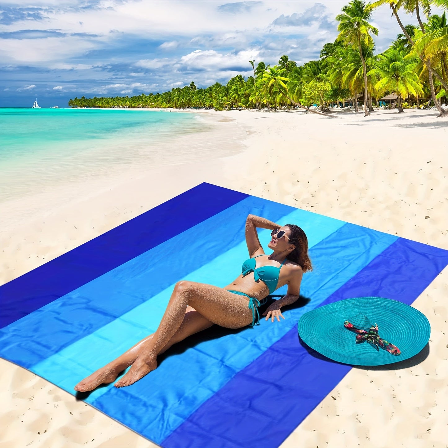 Blue Nylon Beach Mat with Four Stakes, Carabiner and Carry Pouch, 82 x 79in in Two Checkout Labels